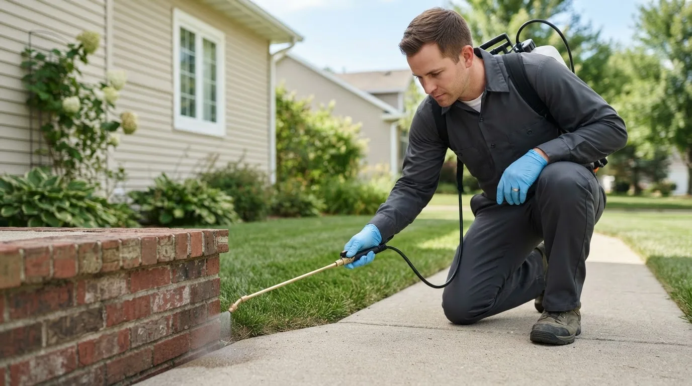 Pest control technician treating a home near Hiram, ME