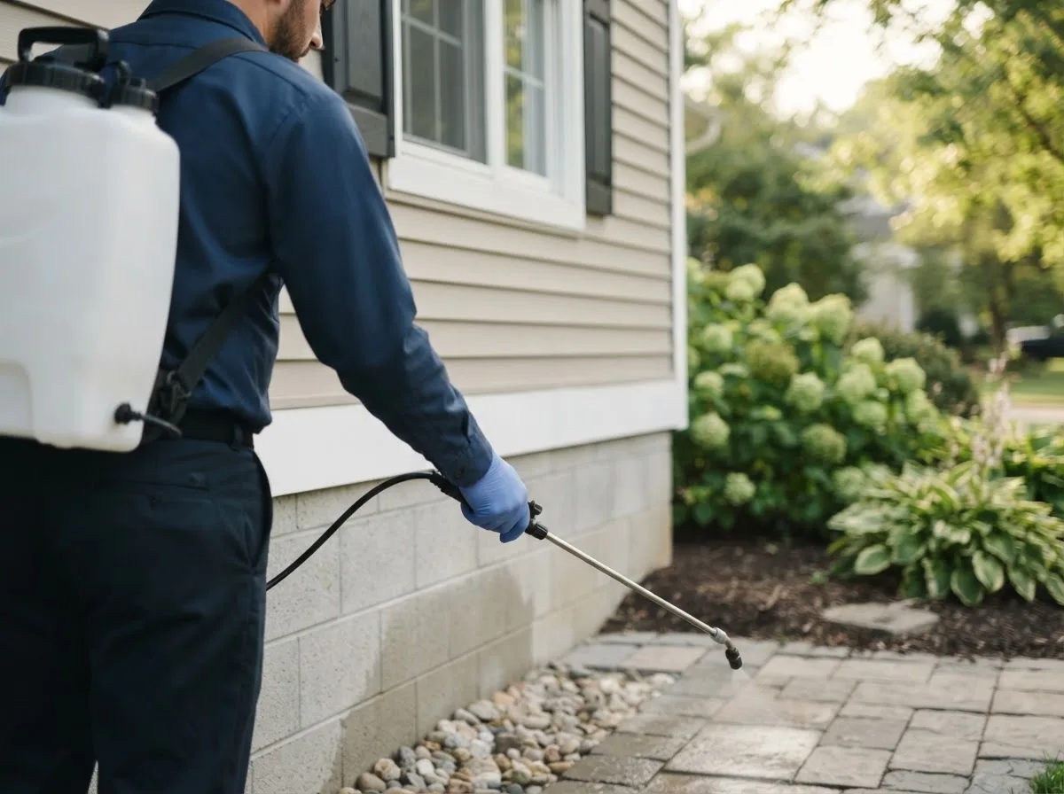 Pest control technician inspecting a home in Hiram, ME